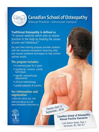 Publicité journal pour le campus de Vancouver du Collège d’Études Ostéopathiques