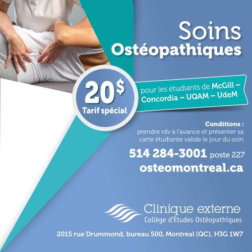 Visuel promotionnel pour Instagram pour la Clinique externe du Collègue d’Études Ostéopathiques de Montréal